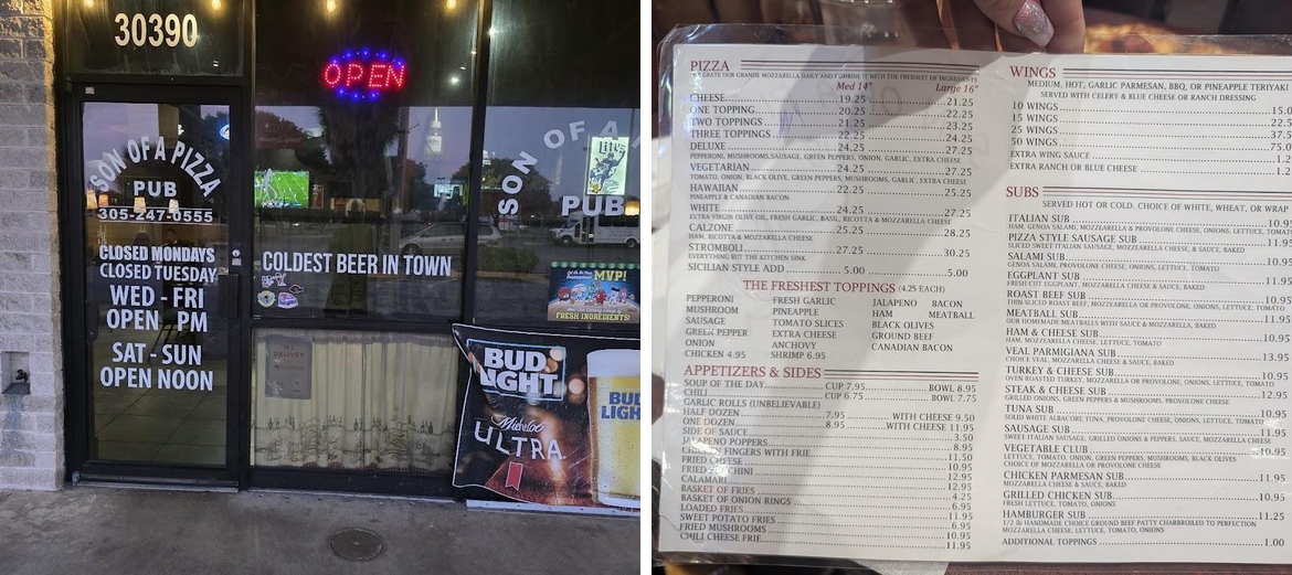 Son of a Pizza Menu